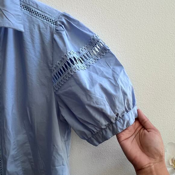 Women's Cotton Blend Lace Blue Button Up Tops Puff Sleeve NY&C Blouse Size XL - Picture 3 of 7